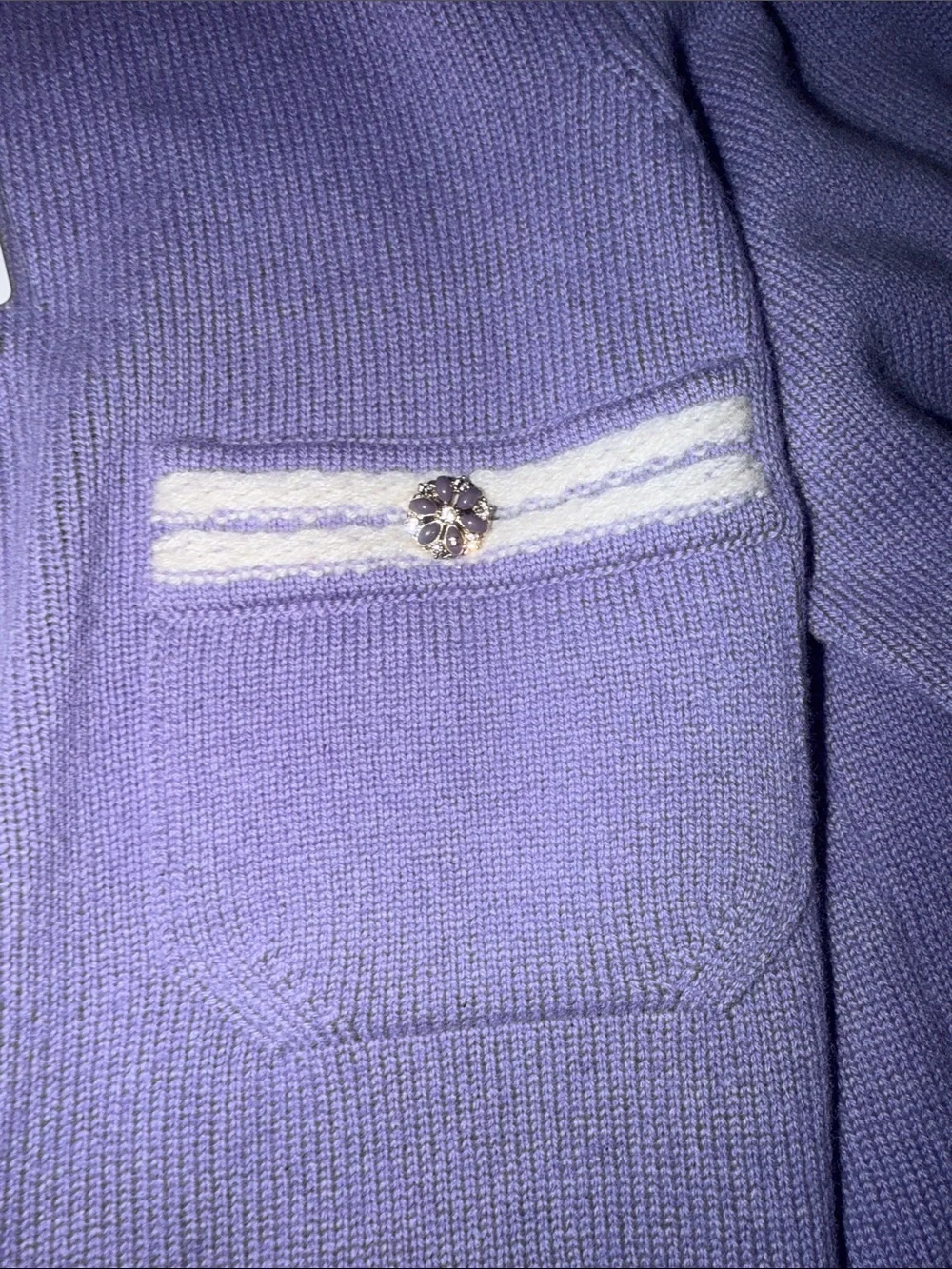 CHANEL Lavender Knit Cardigan with White Trim
